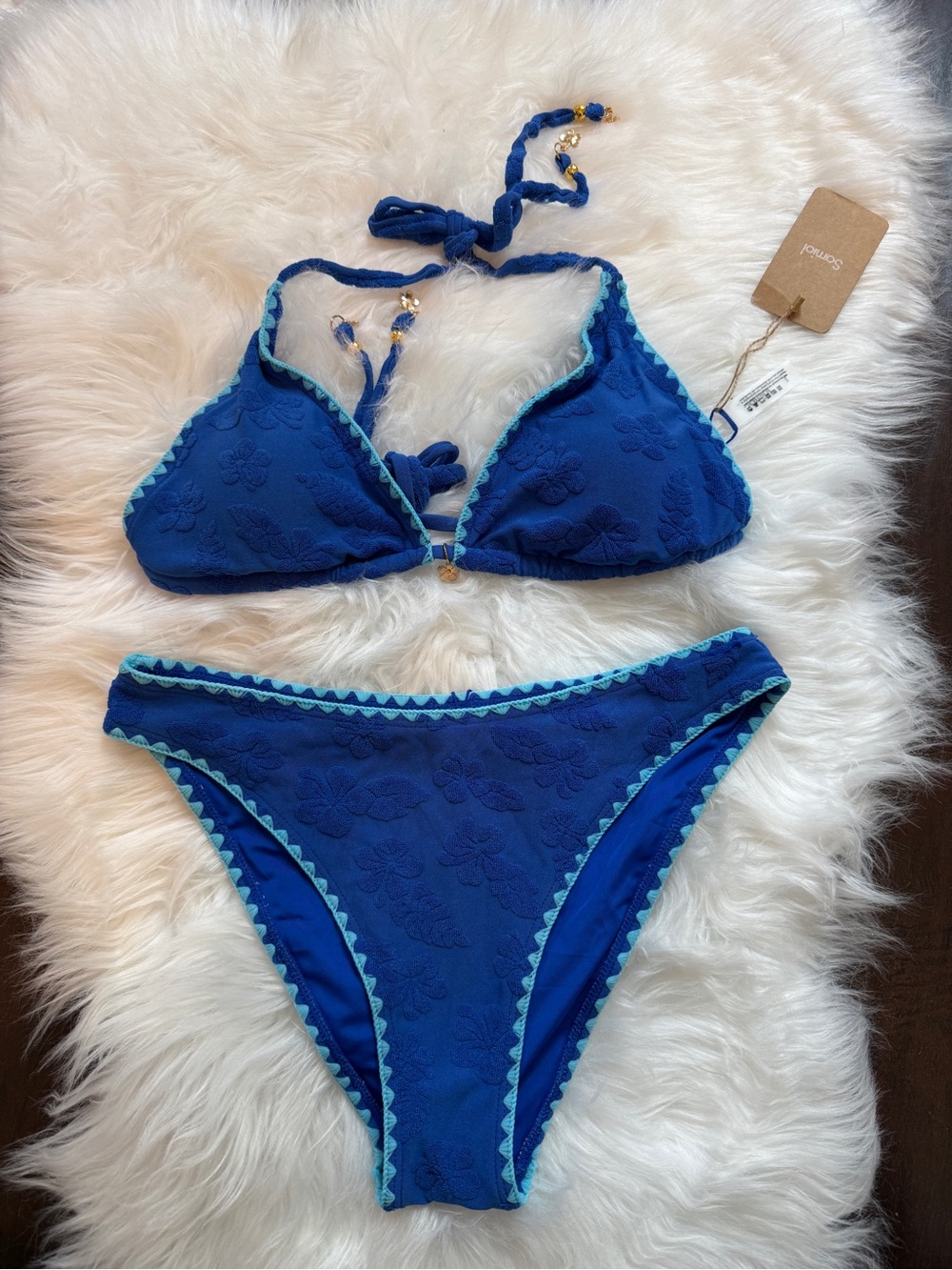 Samiol Blue Textured Triangle Bikini Set with Aqua Trim